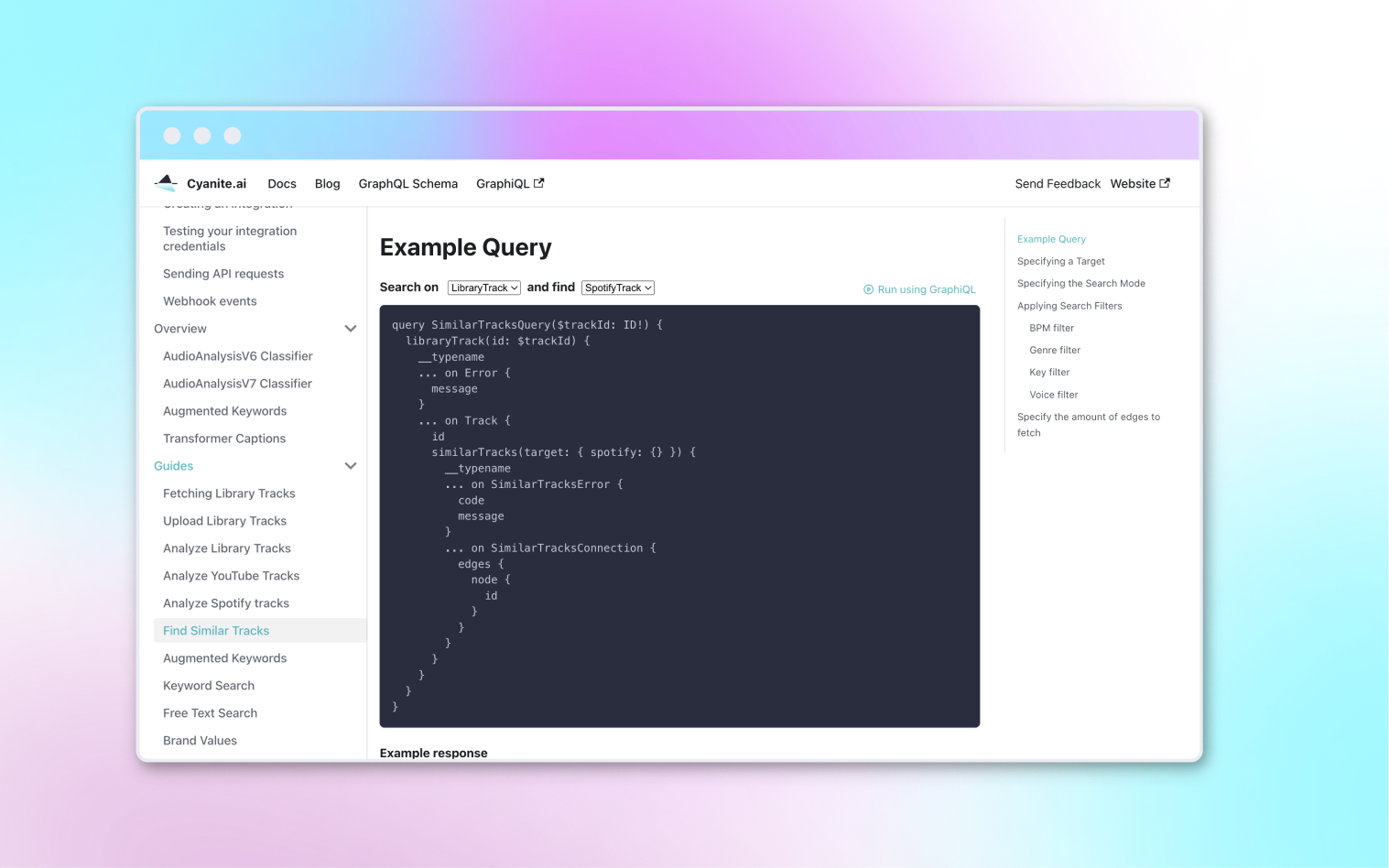 Screenshot showcasing an example GraphQL query for finding similar music tracks using Cyanite's Music Analysis API, with a colorful gradient background for Cyanite's branding.