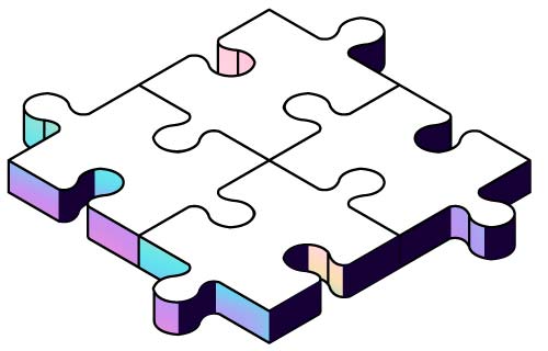 An isometric icon showing four puzzle pieces with colorful gradients put together