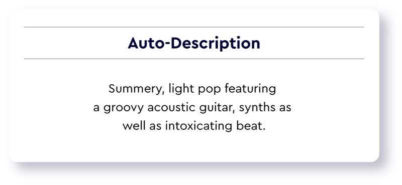 Illustration of an interface showing the auto-description "Summary, light pop featuring a groovy acoustic guitar, synths as well as intoxicating beat".