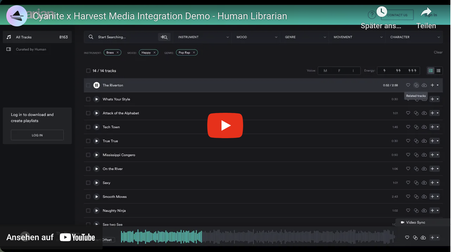 A screen recording of Human Librarian's interface, based on the CMS Harvest Media. It provides a brief overview of Cyanite's integration into the platform.