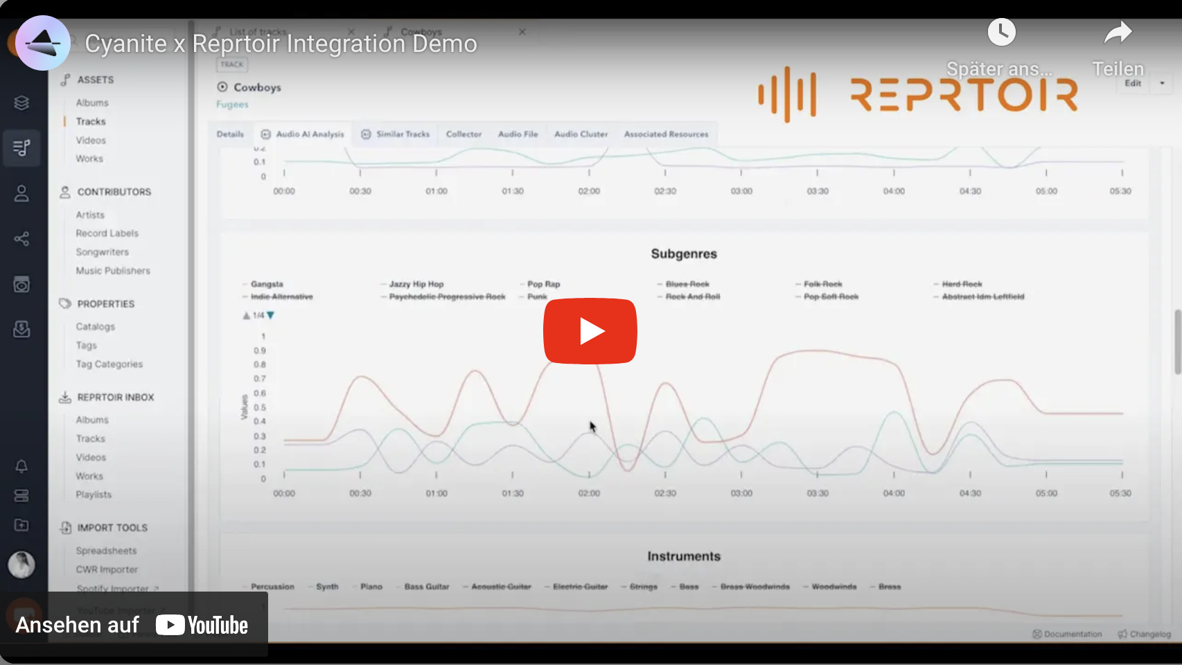 A screen recording of Reprtoir, a music content management system. It provides a brief overview of Cyanite's integration into the platform.