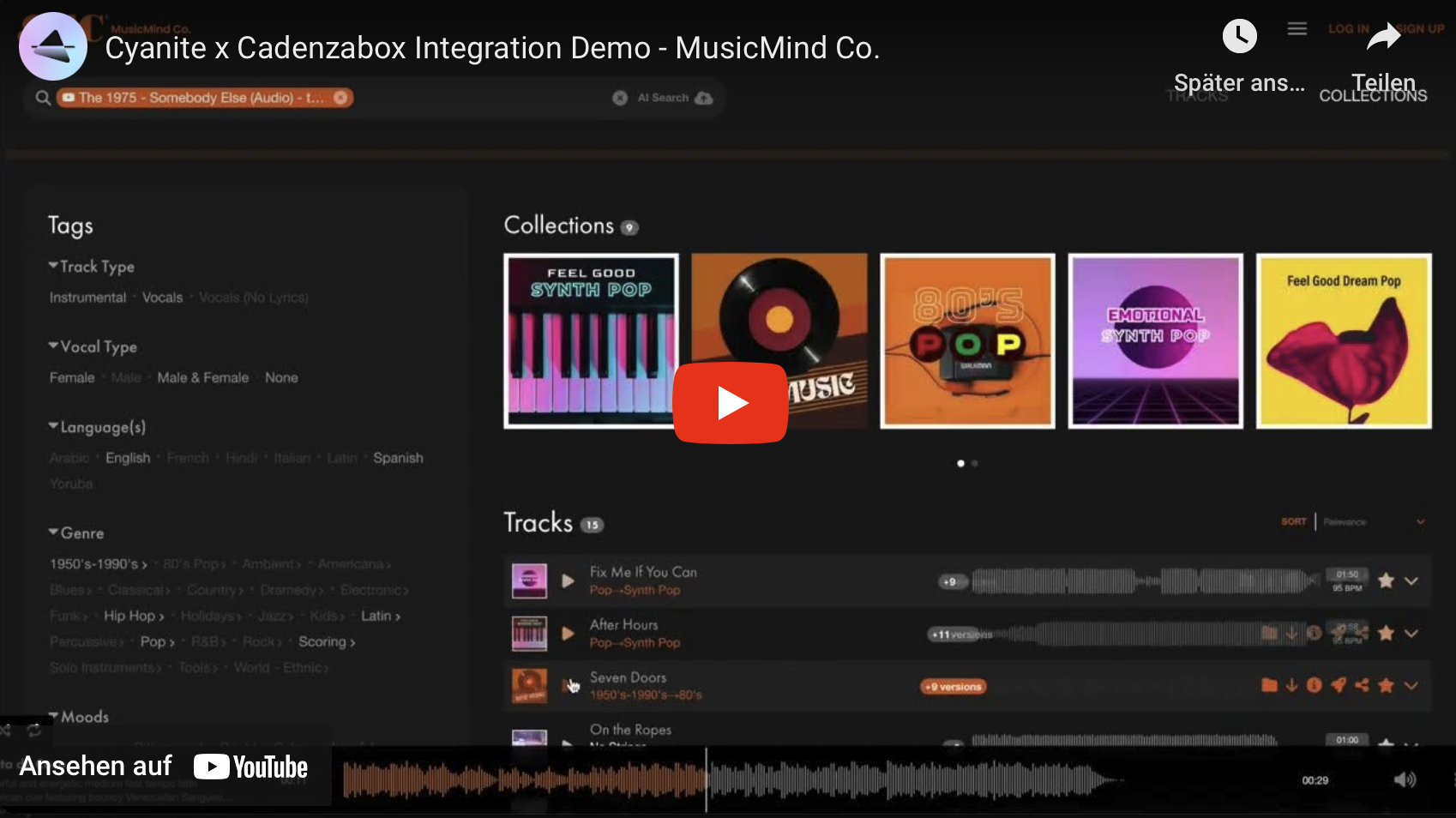 A screen recording of Music Mind Co., a music library using the content management system Cadenzabox. It provides a brief overview of Cyanite's integration into the platform.