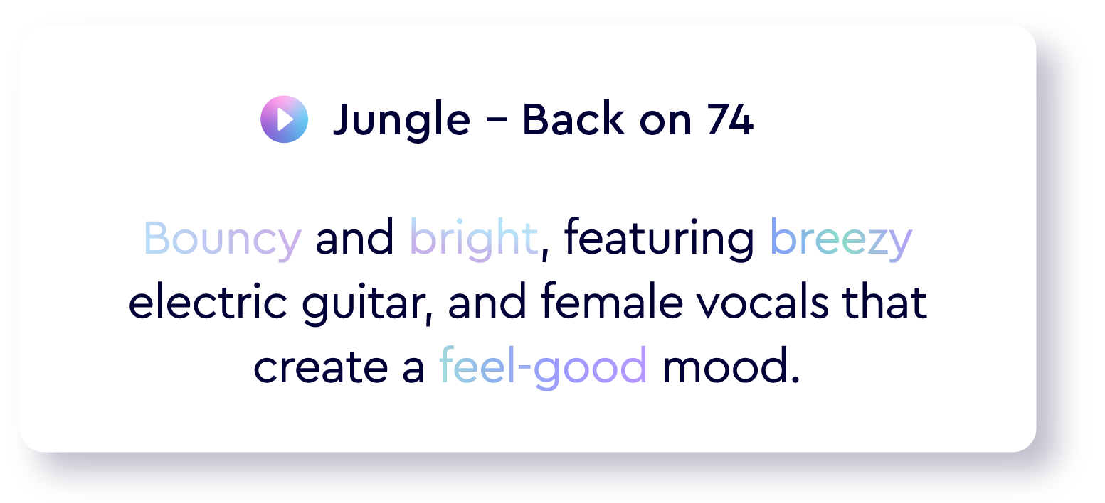 Illustration of an interface showing the auto-description "Summary, light pop featuring a groovy acoustic guitar, synths as well as intoxicating beat".