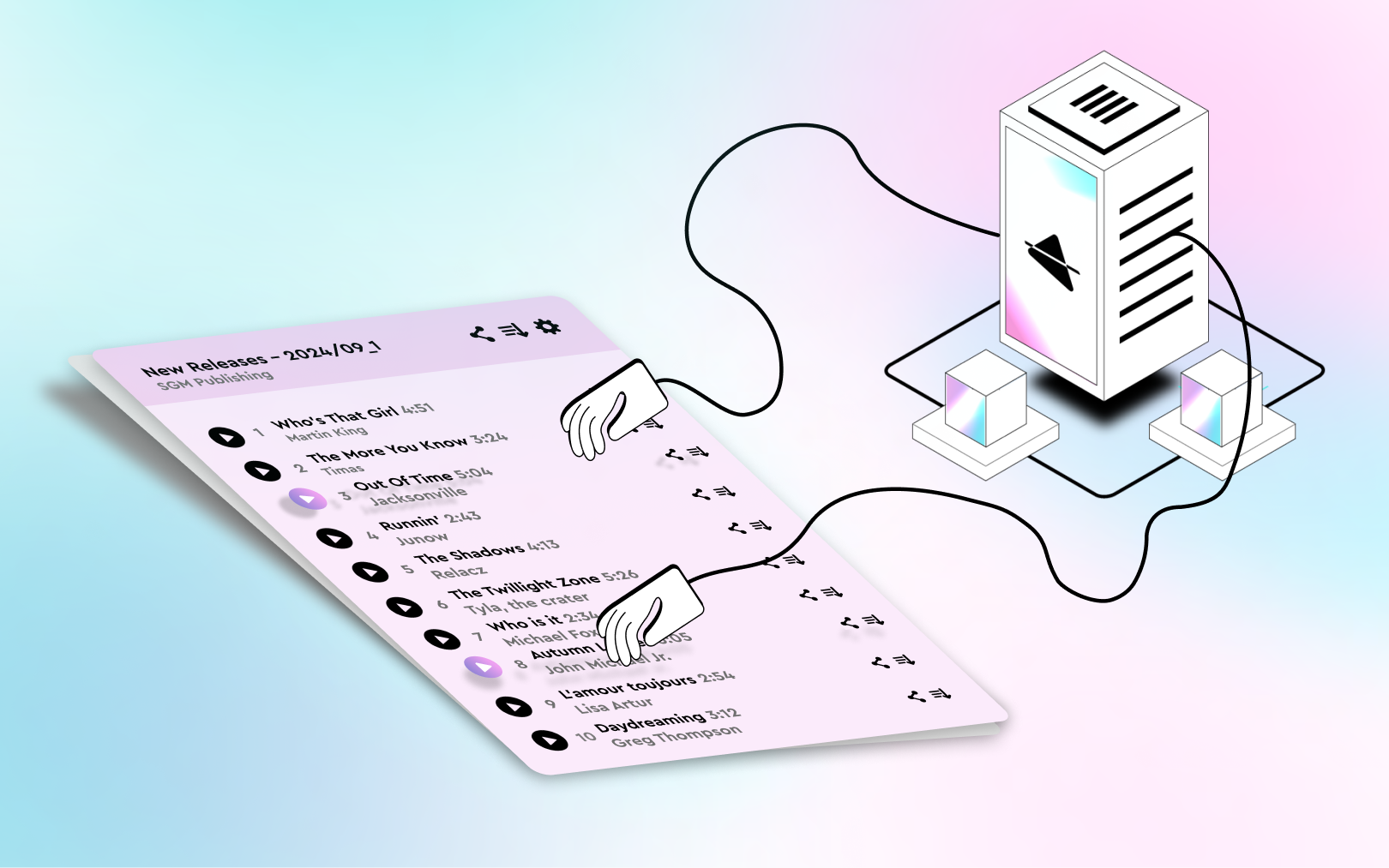 Illustration showing Cyanite's AI search tool for music publishing, with an AI server connected to a playlist labeled 'New Releases - 2024/09.' Robotic hands interact with the playlist to represent automated track discovery and catalog management in music publishing. The design uses pastel colors, highlighting Cyanite’s AI-driven capabilities in enhancing sync processes for music publishers