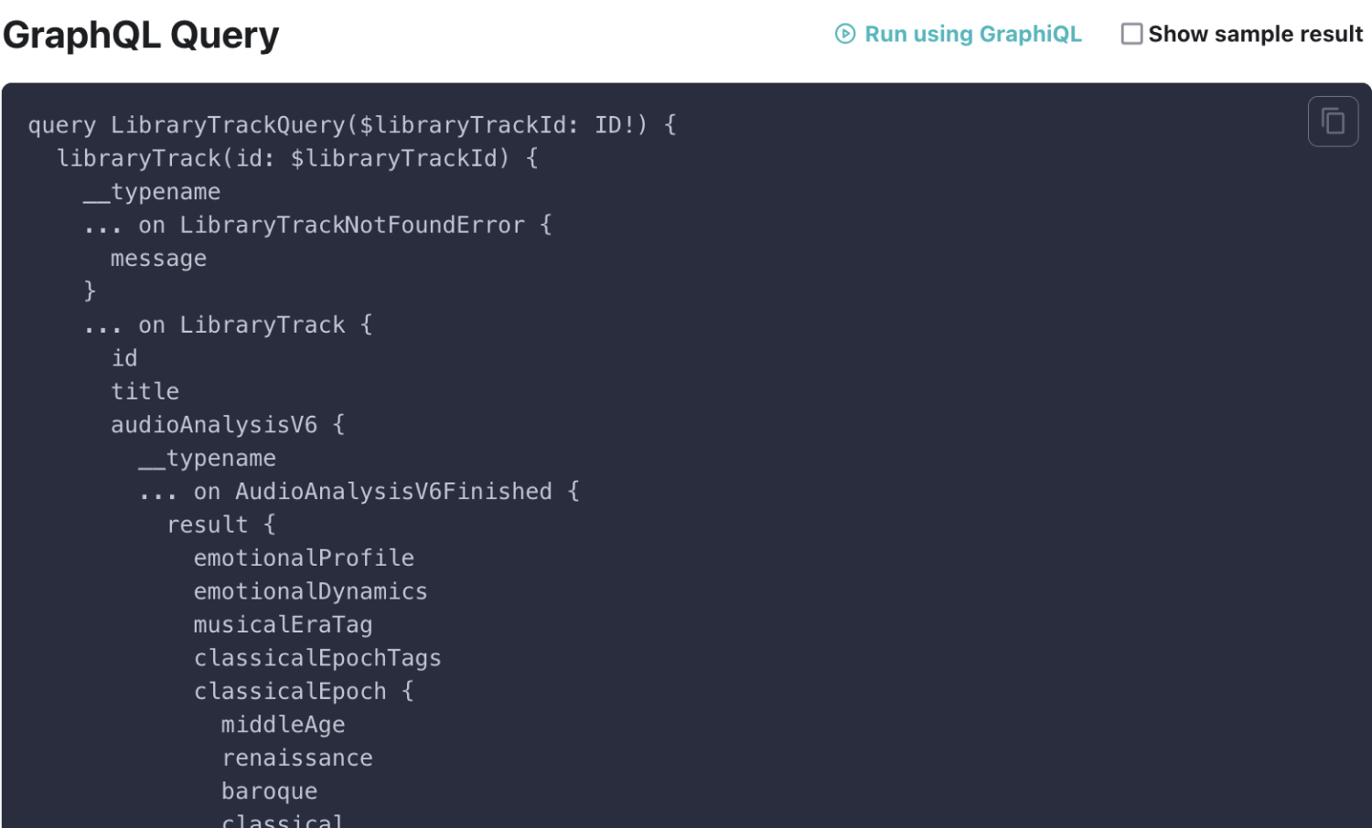 A screenshot of Cyanite's API Documentation showing code examples for integrating Cyanite