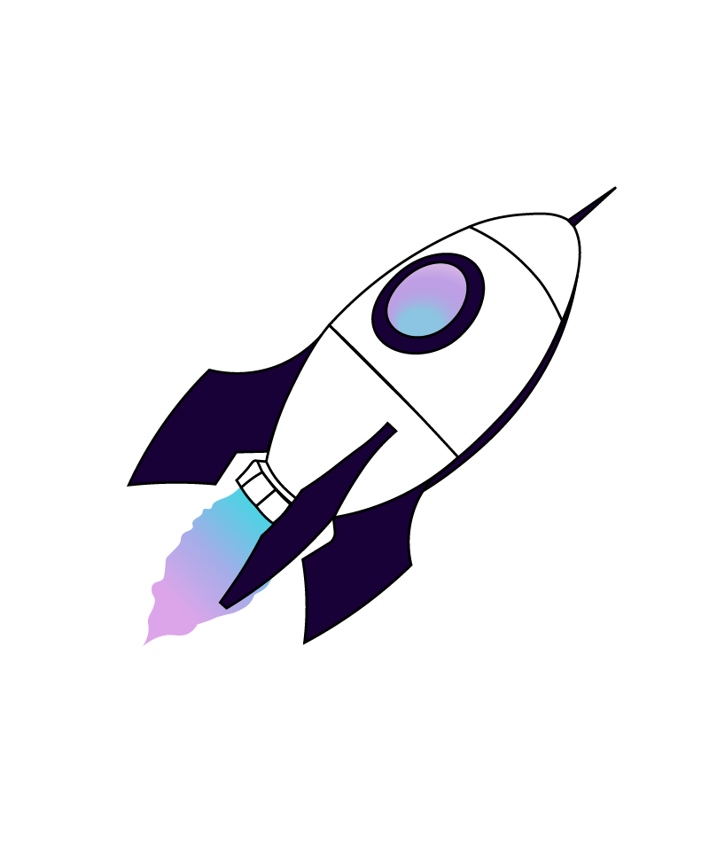 A minimalist illustration of a rocket with a sleek white body, black fins, and a circular window with a gradient purple and blue hue.