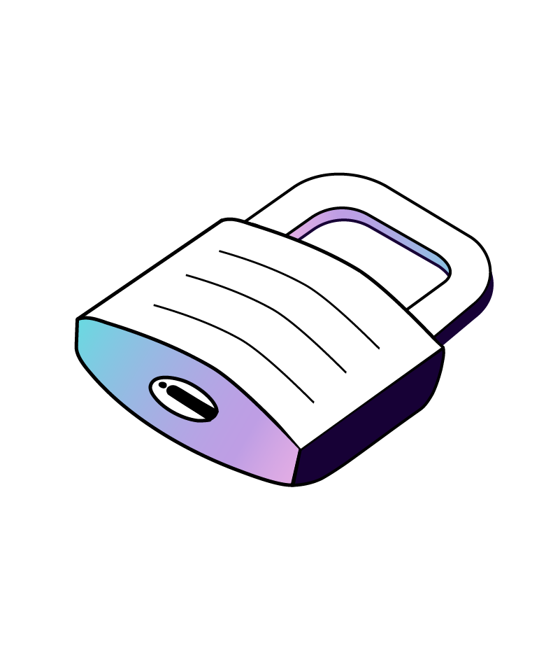 The image depicts a minimalistic illustration of a lock with a gradient color scheme featuring hues of cyan, purple, and white. The design has a clean and modern aesthetic, possibly symbolizing security.