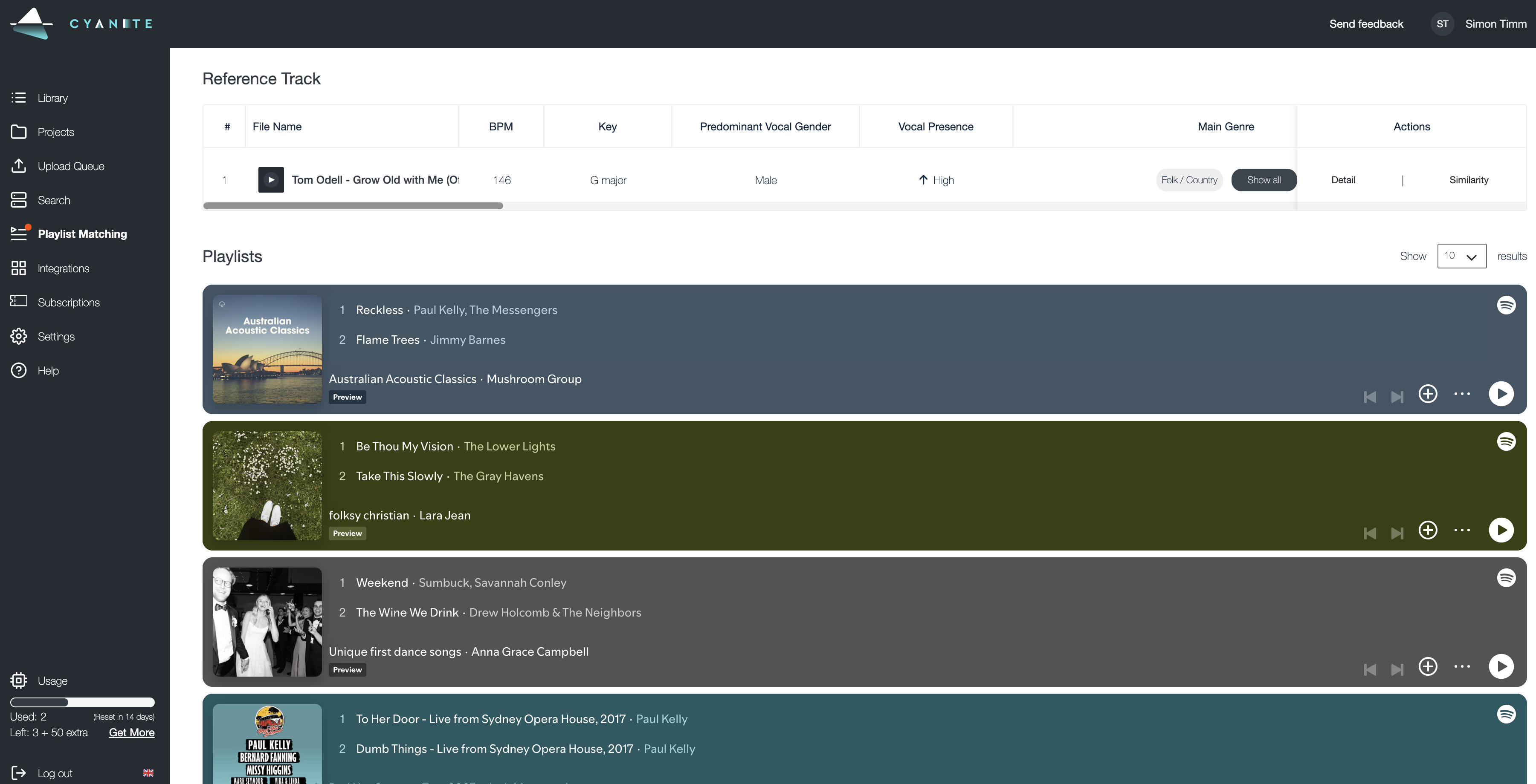 Screenshot of Cyanite's Playlist Matching feature in their Web App. The Screenshot shows matching playlists from Spotify for the song "Grow old With Me" by Tom Odell