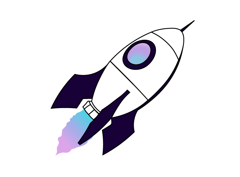 Industry Standard A minimalist illustration of a rocket with a sleek white body, black fins, and a circular window with a gradient purple and blue hue.