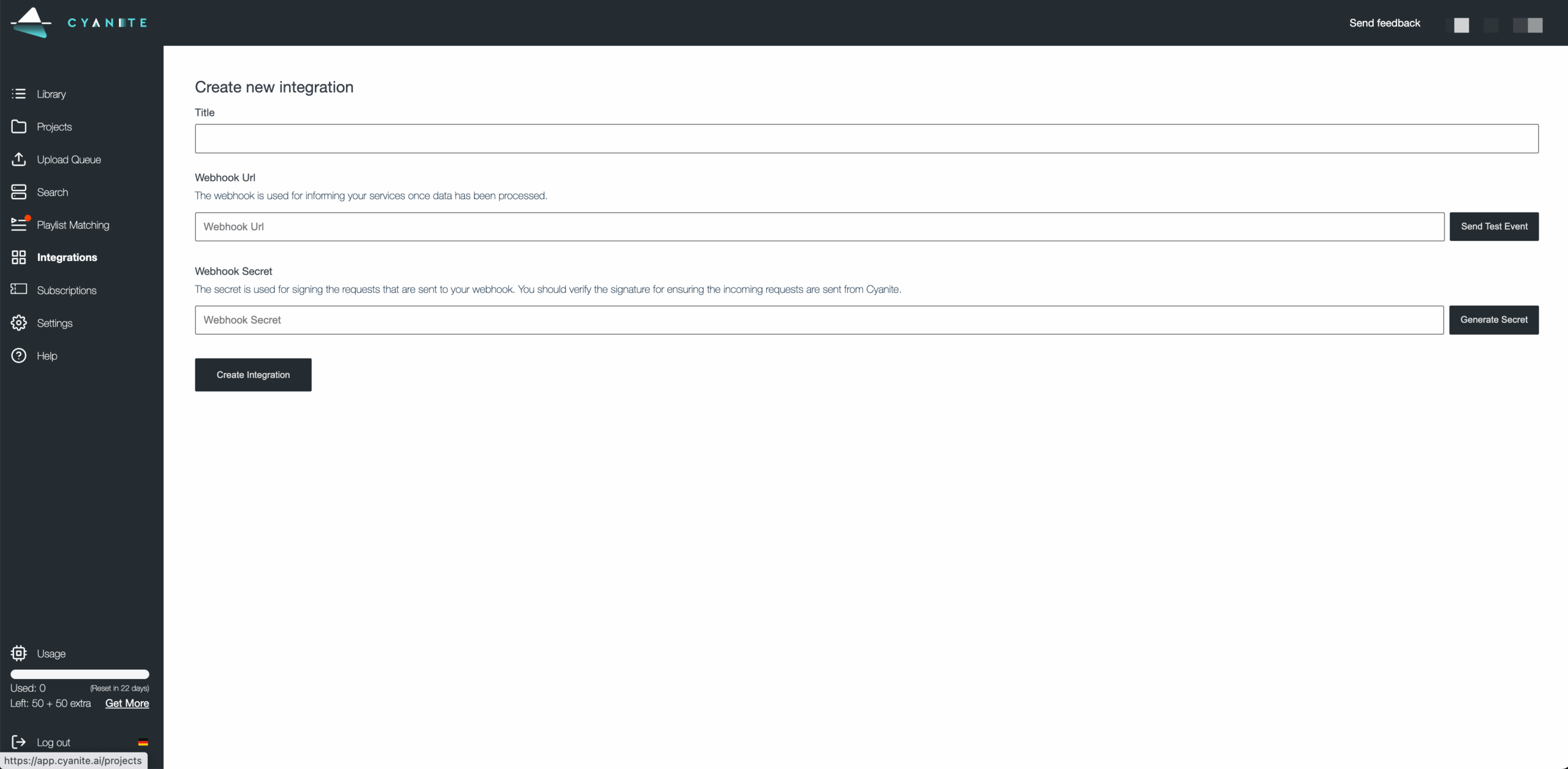 Api Integration Cyanite A screenshot showing the first steps needed to create an API integration