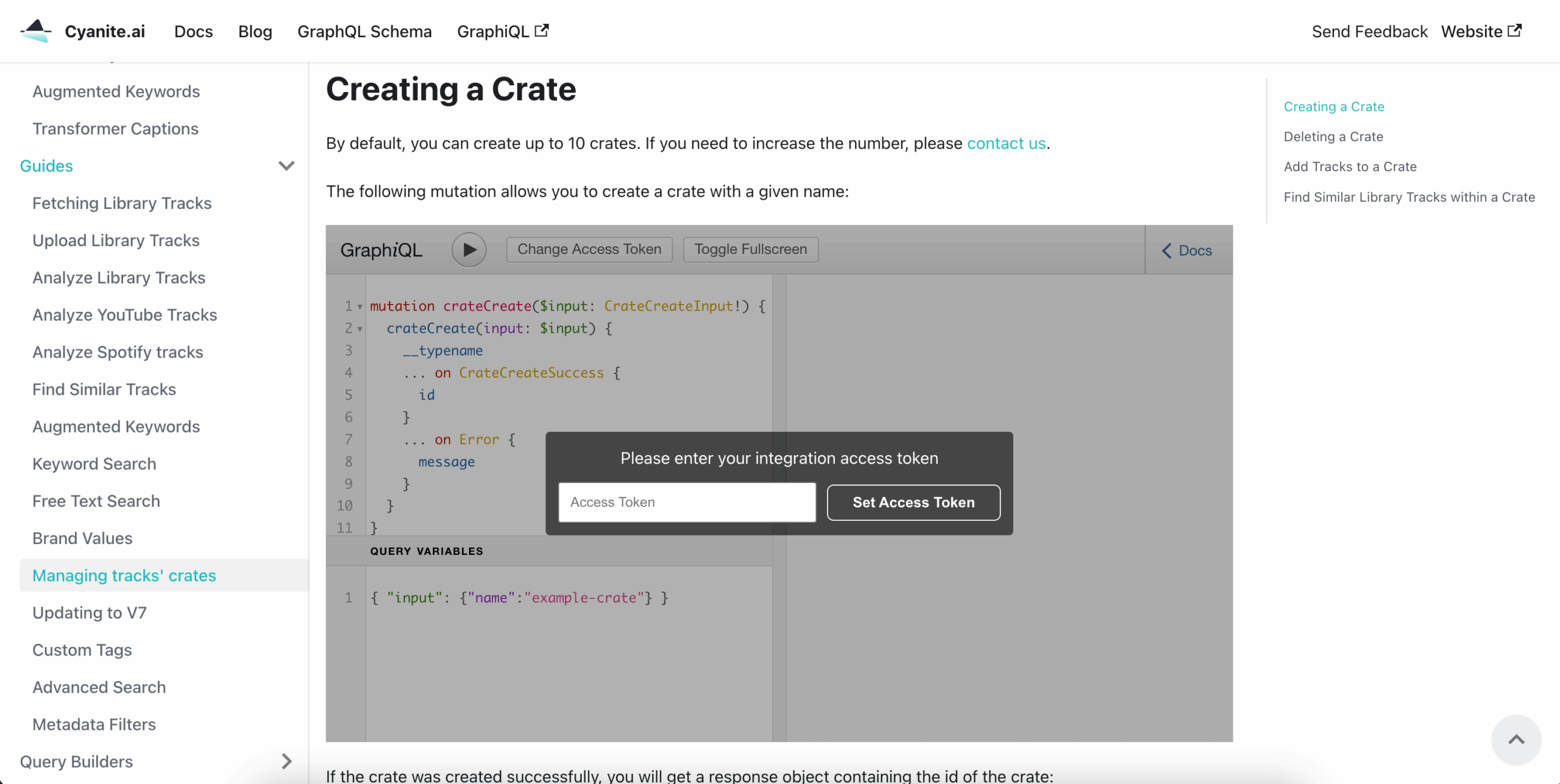 Creating Crates A screenshot of Cyanite's API documentation showing the creation of crates.