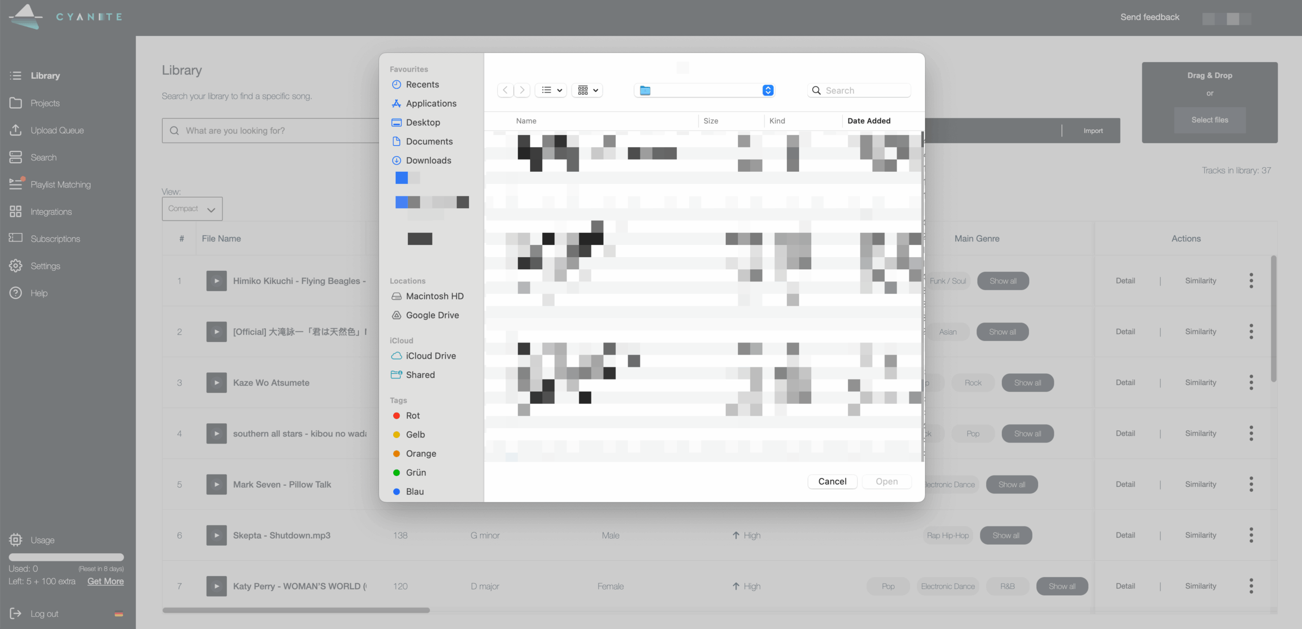 A screenshot of a music library with an upload window